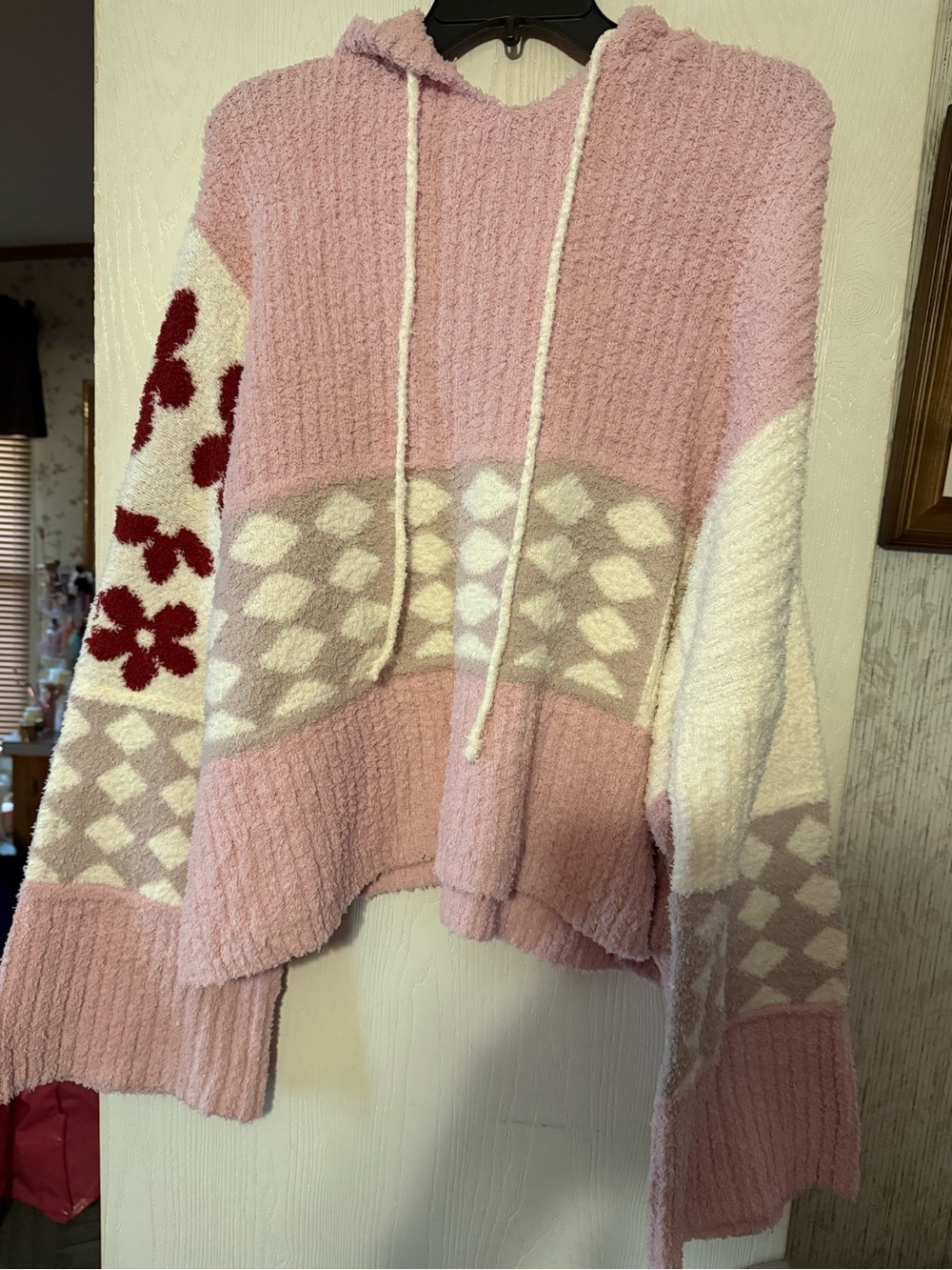 Pink Patterned Hooded Pullover Sweater